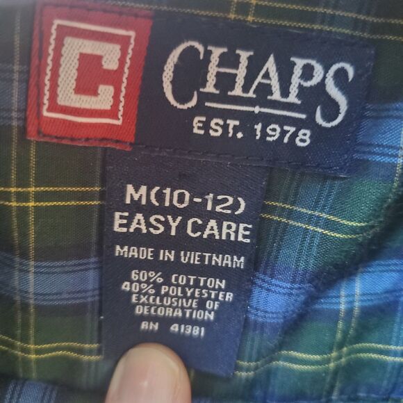 Boy's Vintage 90s Chaps Blue Green Plaid Button Down Shirt - Picture 4 of 4